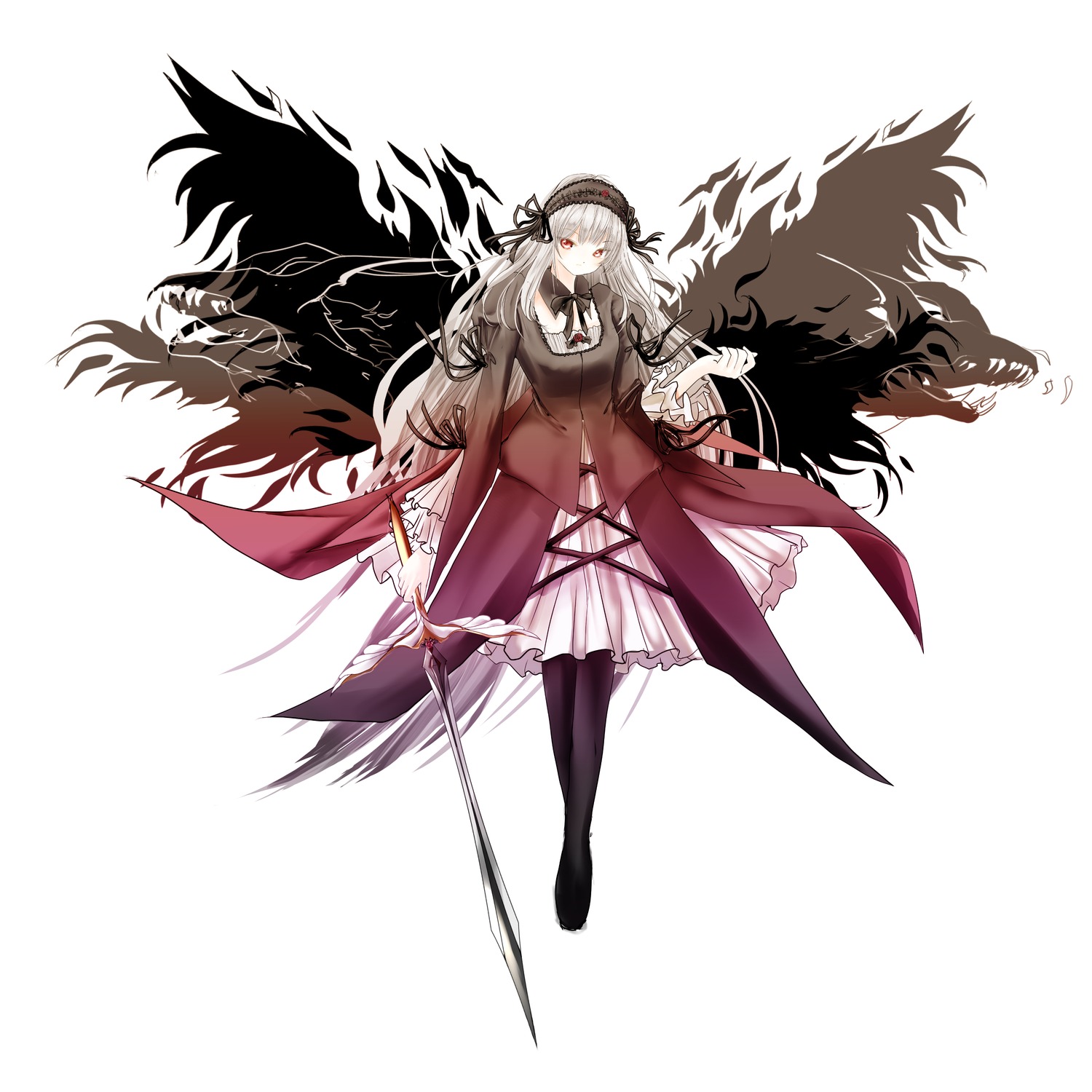 1girl bangs black_legwear black_ribbon black_wings dress eyebrows_visible_through_hair floating_hair frills full_body hairband image long_hair long_sleeves looking_at_viewer pantyhose red_eyes ribbon silver_hair solo suigintou very_long_hair wings