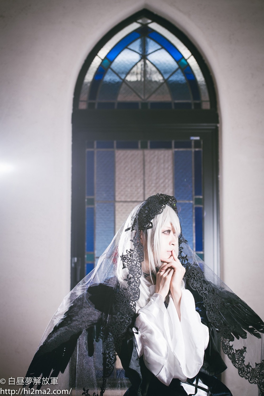 1girl bangs closed_mouth feathers indoors long_hair long_sleeves solo suigintou window wings