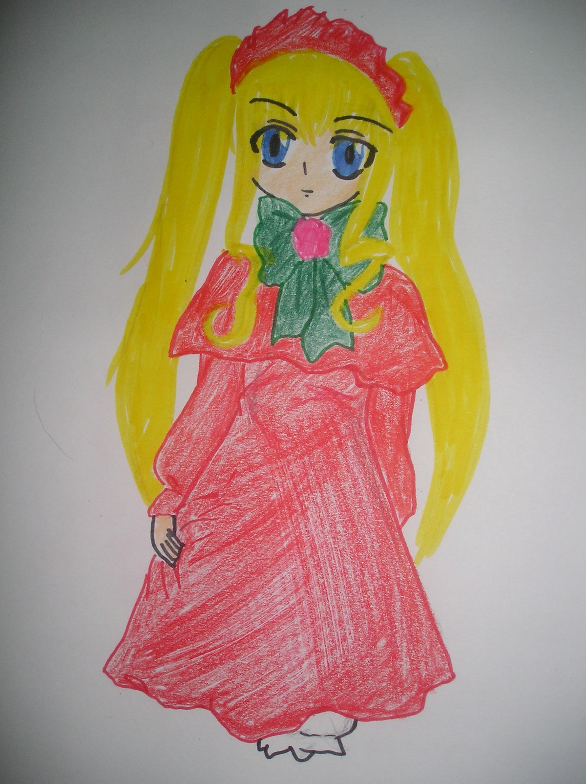 1girl blonde_hair blue_eyes bow bowtie cowboy_shot dress full_body grey_background image long_hair long_sleeves looking_at_viewer photo red_dress shinku simple_background solo standing traditional_media twintails very_long_hair