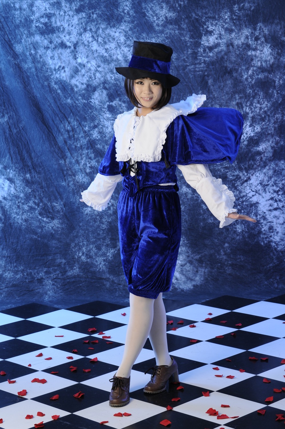 1girl argyle argyle_background argyle_legwear black_hair black_rock_shooter_(character) board_game checkered checkered_background checkered_floor checkered_kimono checkered_scarf checkered_skirt chess_piece diamond_(shape) flag floor hat king_(chess) lips on_floor perspective petals reflection reflective_floor short_hair shorts solo souseiseki tile_floor tile_wall tiles top_hat vanishing_point