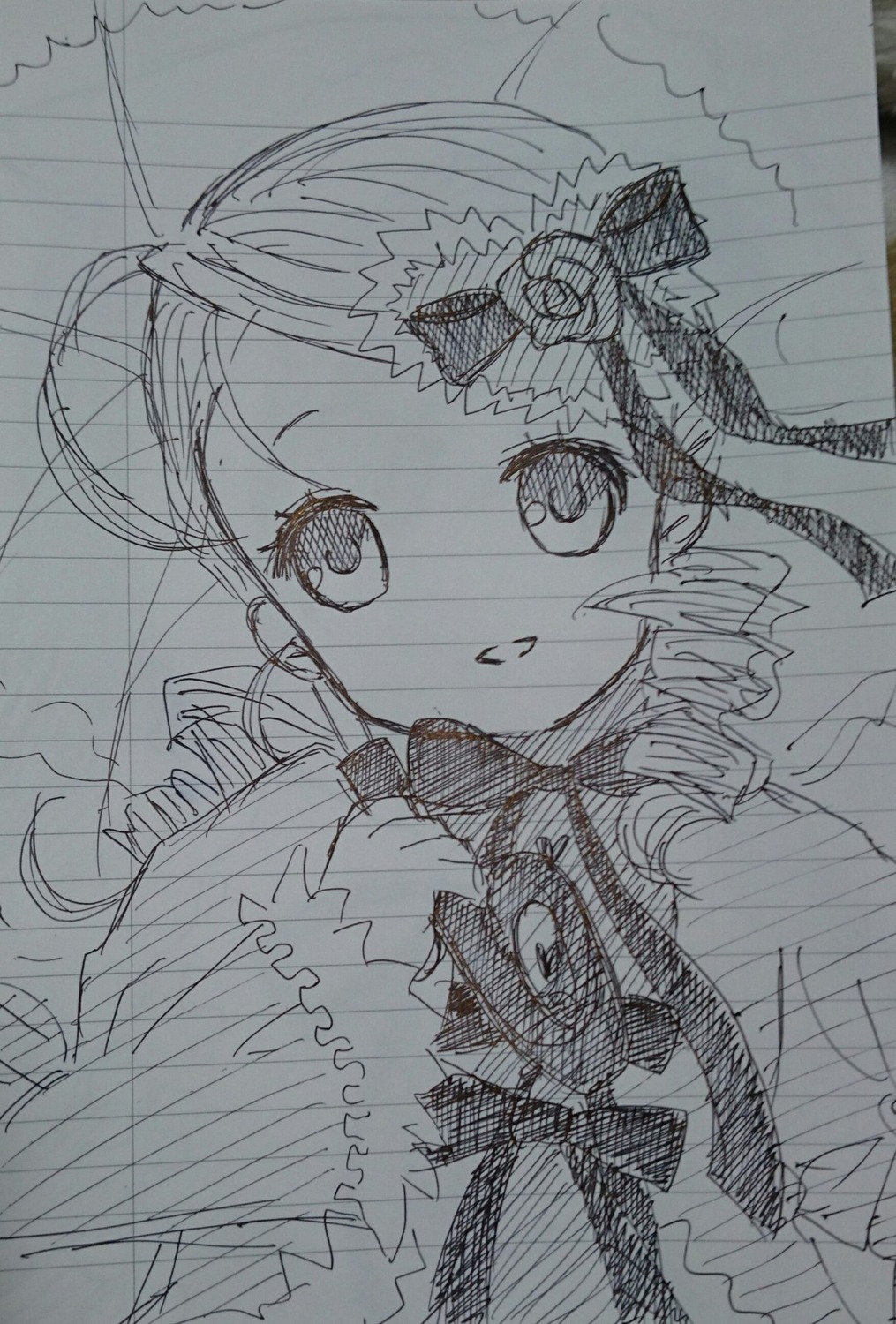 1girl blush bow dress drill_hair flower frills hair_ornament image kanaria long_hair long_sleeves looking_at_viewer monochrome nose_blush open_mouth rose solo traditional_media umbrella upper_body