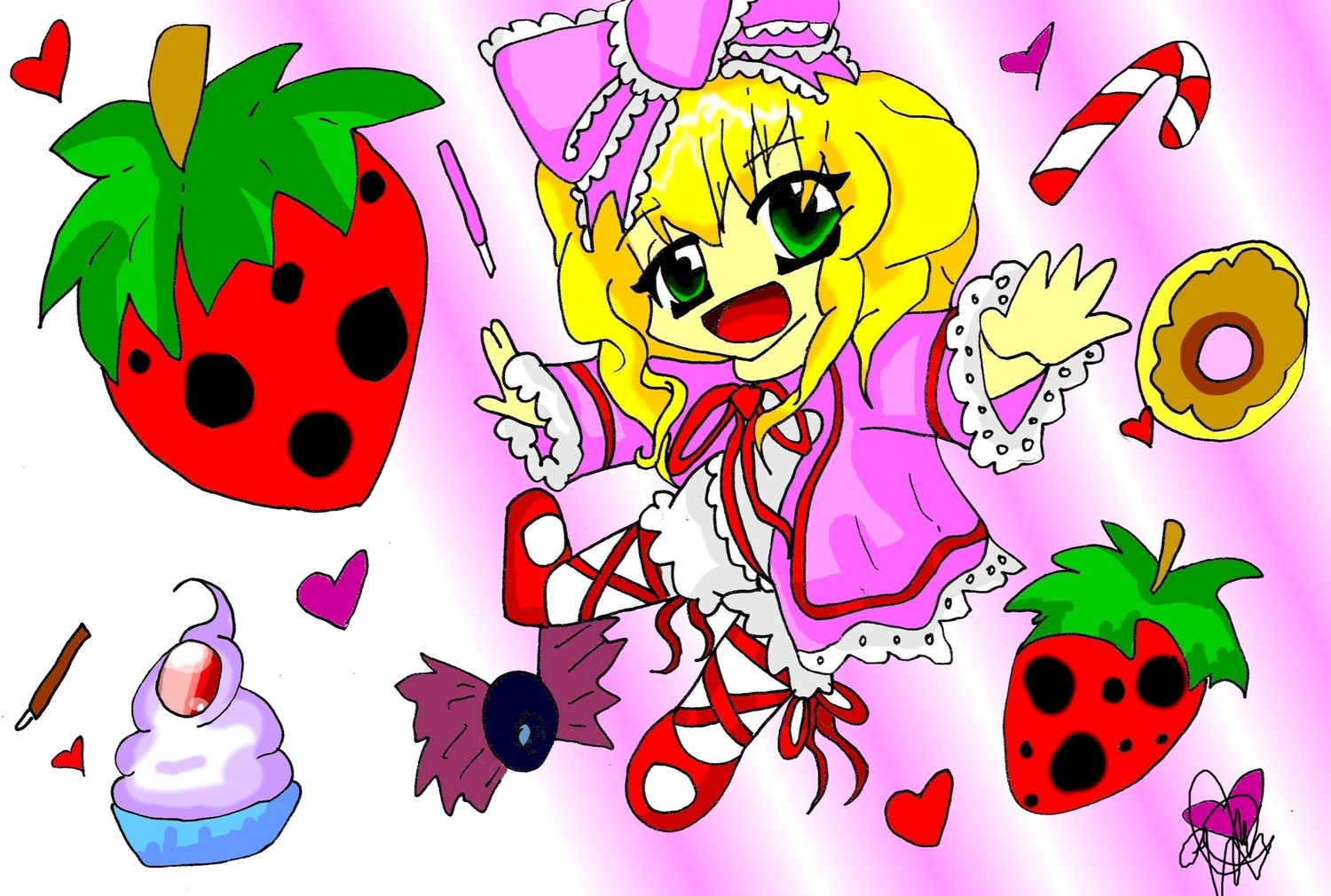 1girl auto_tagged blonde_hair bloomers bow cake dress food frills green_eyes green_hair heart hina_ichigo hinaichigo image open_mouth pink_bow ribbon short_hair smile solo striped underwear