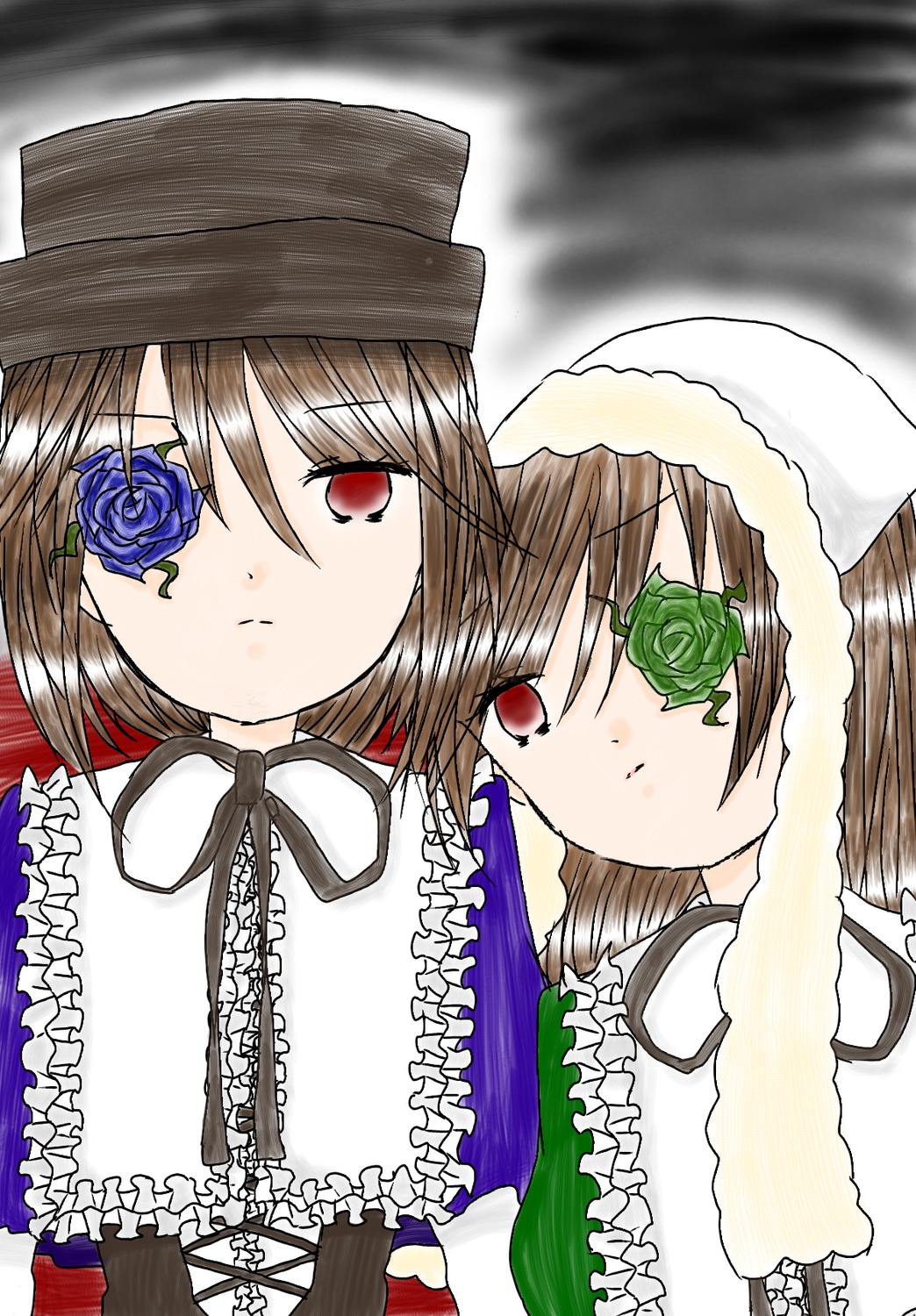 2girls blue_flower blue_rose brown_hair costume_switch dress eyepatch flower frills hat ib_(ib) image long_hair multiple_girls purple_rose red_eyes red_flower red_rose ribbon rose short_hair siblings sisters souseiseki suiseiseki yellow_rose