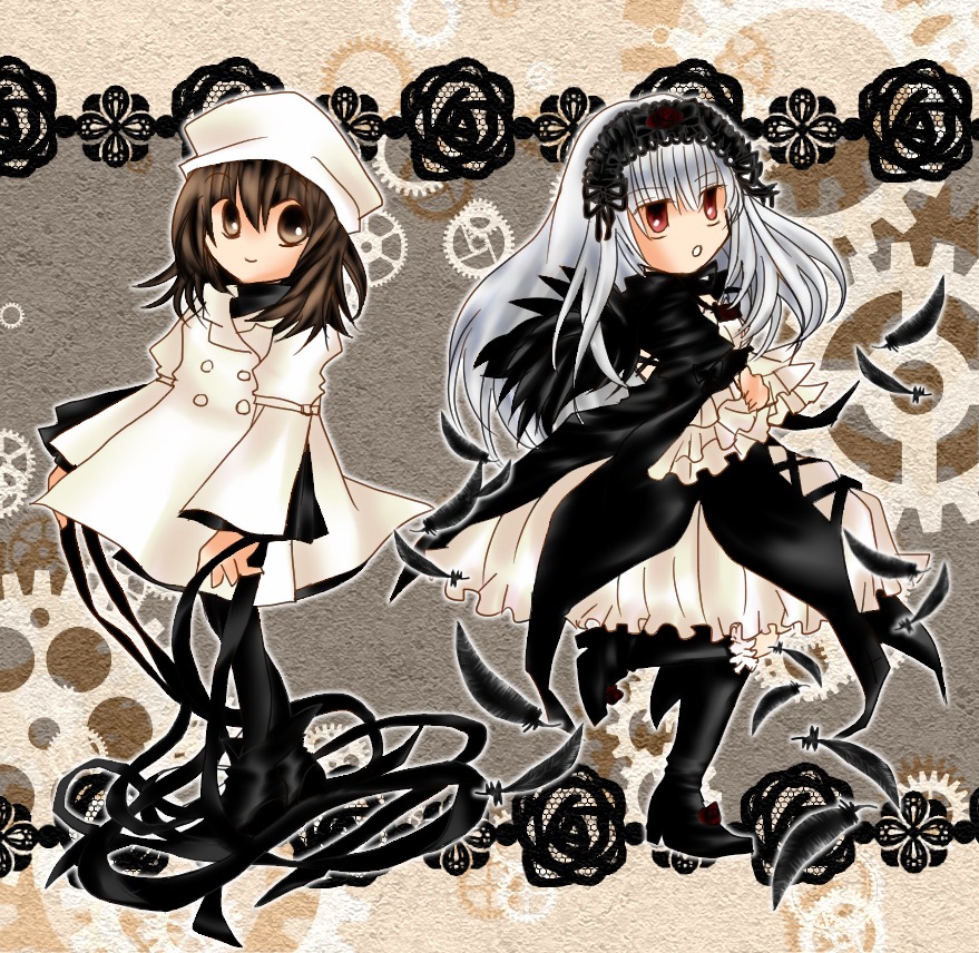 2girls boots brown_hair dress hairband hat image long_hair long_sleeves multiple_girls red_eyes silver_hair solo suigintou white_hair wings