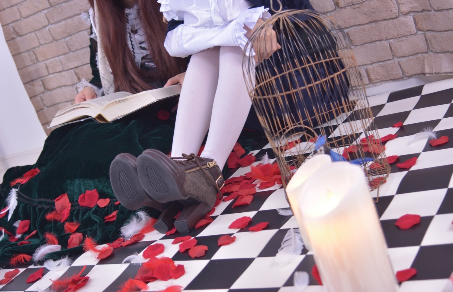 argyle argyle_background argyle_legwear bath bathtub bikini black_rock_shooter_(character) blurry blurry_foreground board_game boots checkerboard_cookie checkered checkered_background checkered_floor checkered_kimono checkered_scarf checkered_shirt checkered_skirt chess_piece cookie crosswalk diamond_(shape) dress dutch_angle female_saniwa_(touken_ranbu) flag flaming_eye floor himekaidou_hatate holding_flag indoors king_(chess) knight_(chess) long_hair lying meiji_schoolgirl_uniform mirror multiple_girls on_back on_floor perspective petals pillar race_queen reflection reflective_floor rook_(chess) shide shower_head skirt solo souseiseki stone_floor tile_floor tile_wall tiles vanishing_point white_hair yagasuri