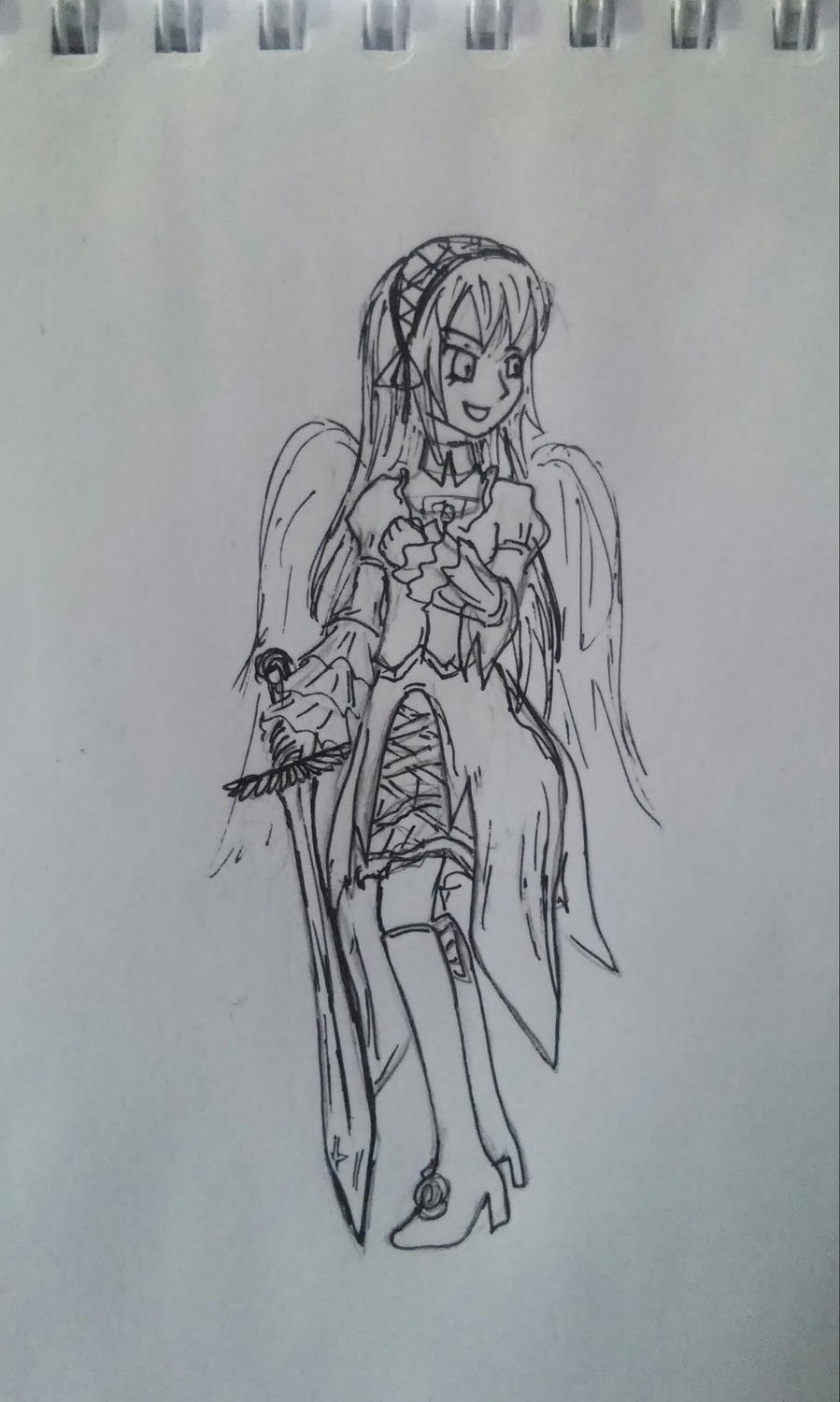 1girl greyscale image long_hair monochrome pointy_ears sketch solo suigintou sword thighhighs traditional_media weapon wings zettai_ryouiki