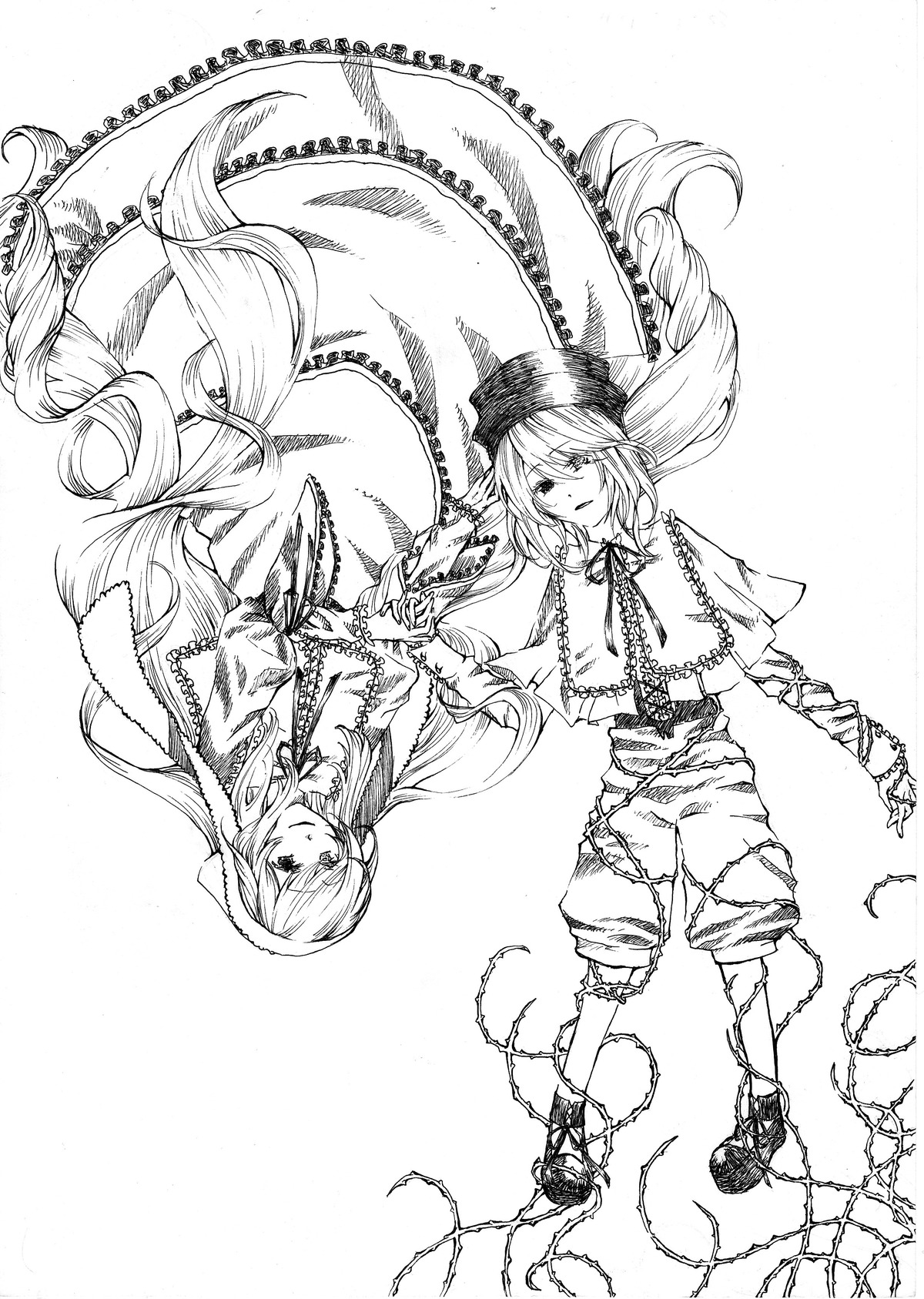 alice_margatroid boots capelet dress greyscale hat image long_hair monochrome multiple_girls pair smile souseiseki suiseiseki very_long_hair
