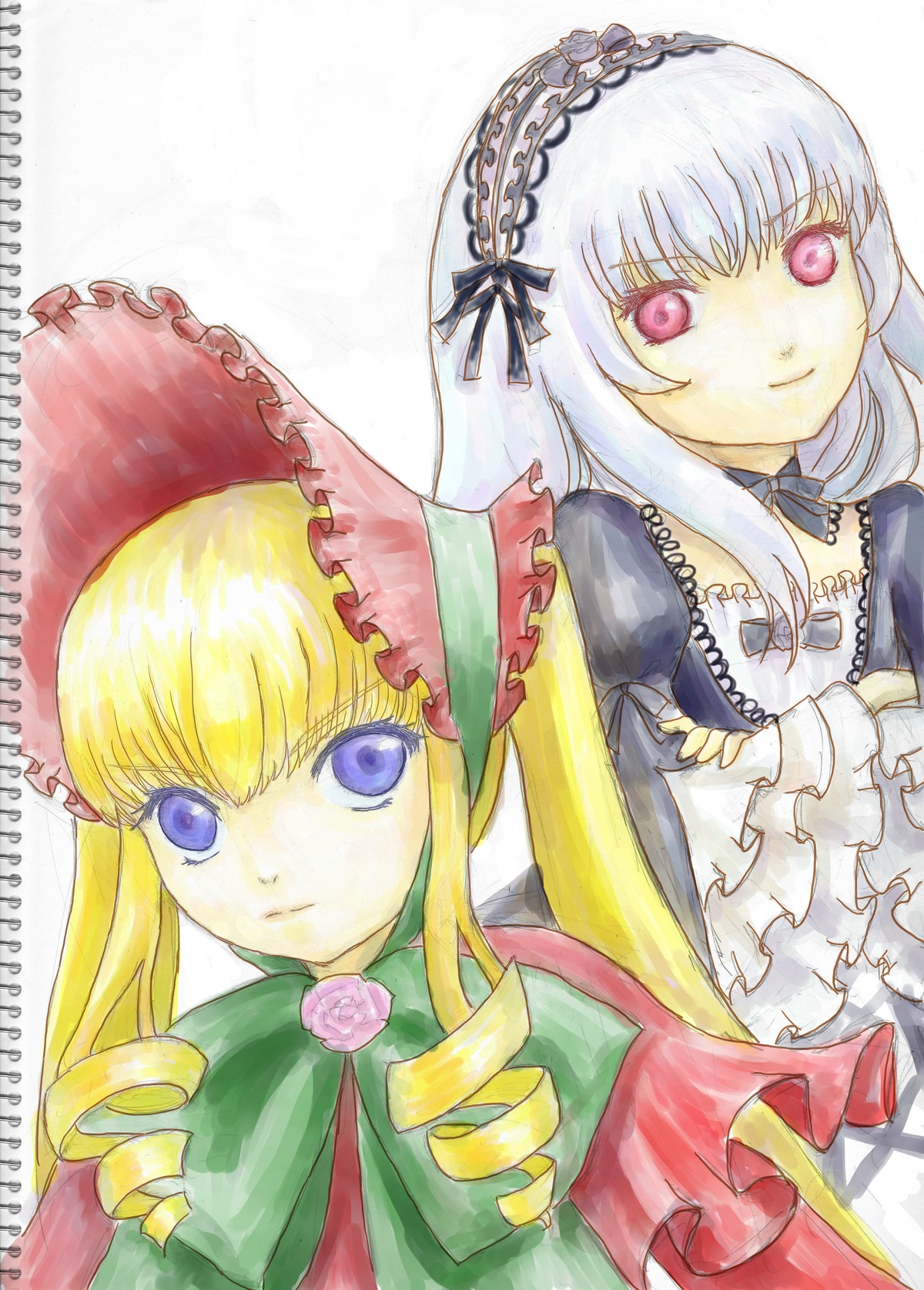 2girls blonde_hair blue_eyes bonnet bow bowtie dress drill_hair flower frills green_bow image long_hair long_sleeves looking_at_viewer marker_(medium) multiple_girls pair rose shinku simple_background suigintou traditional_media twin_drills white_background