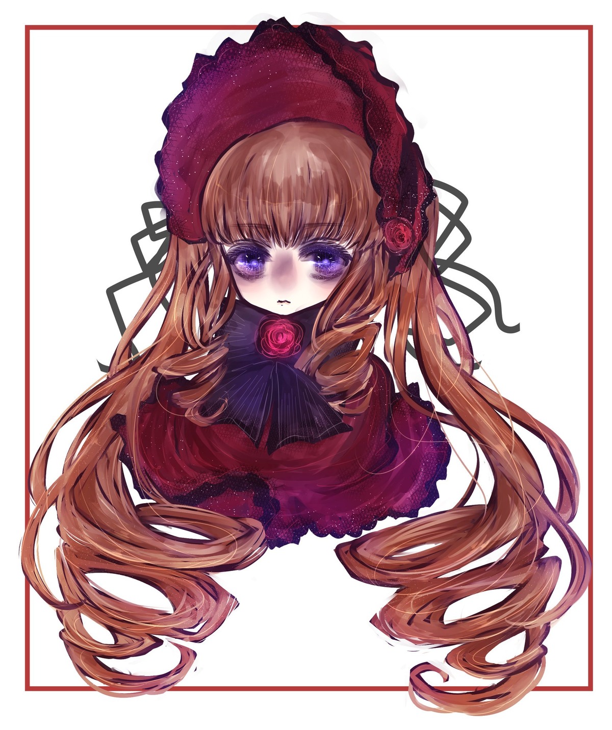 1girl blonde_hair bonnet dress drill_hair flower image long_hair looking_at_viewer purple_eyes red_flower red_rose rose shinku solo striped striped_background twin_drills