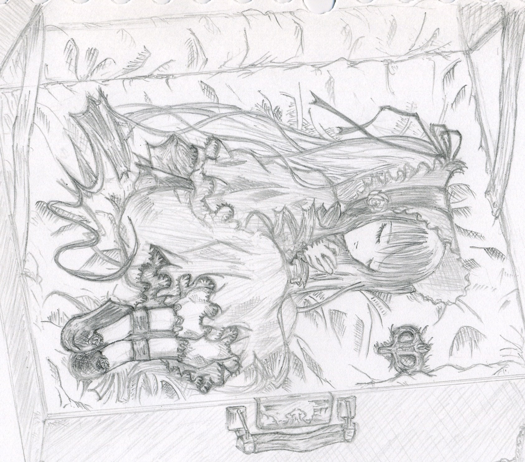 1girl dress frills graphite_(medium) hairband image long_hair long_sleeves monochrome ribbon shinku shoes sleeping solo suigintou traditional_media very_long_hair wings
