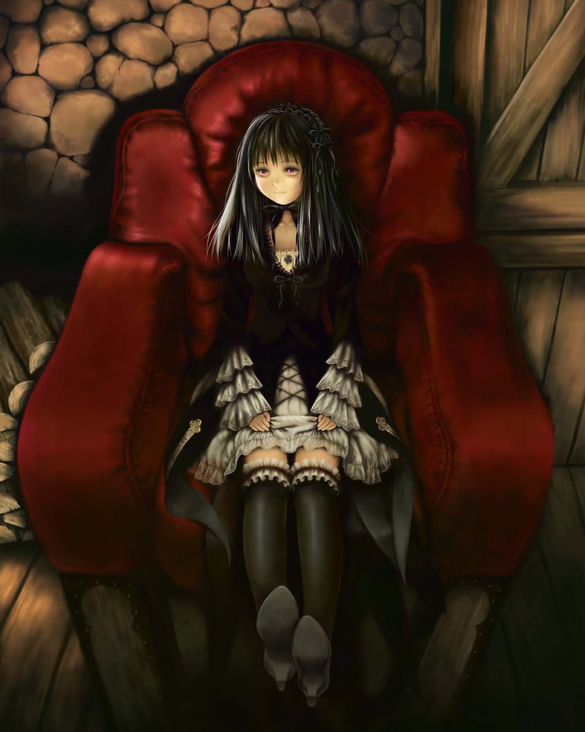 1girl armchair black_hair black_legwear chair couch dress frills gothic_lolita hairband image lolita_fashion long_hair sitting solo suigintou thighhighs