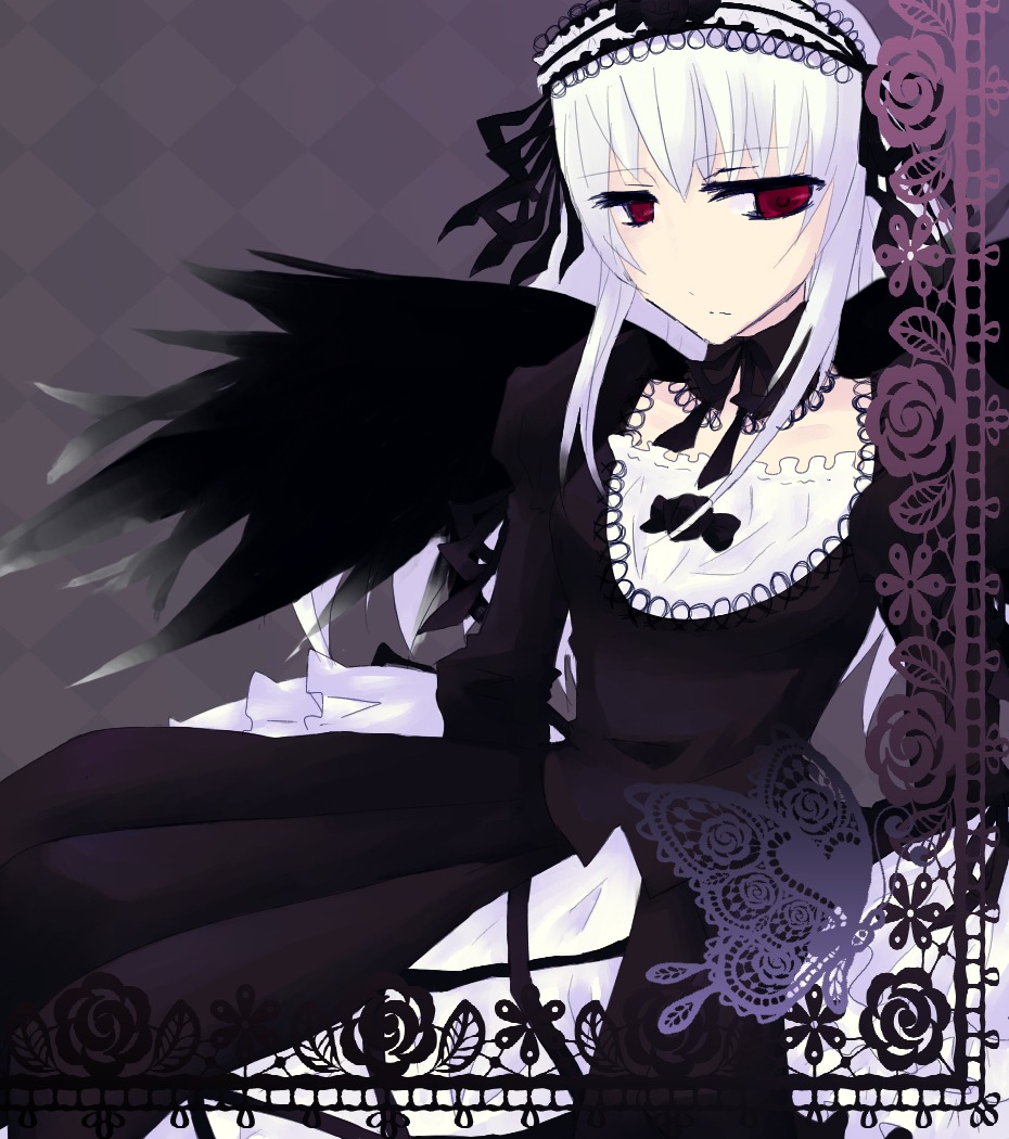1girl argyle argyle_background auto_tagged black_wings checkered checkered_background checkered_floor cross-laced_clothes dress expressionless flower frills hairband image lace lolita_fashion lolita_hairband long_hair long_sleeves looking_at_viewer red_eyes rose silver_hair solo suigintou tile_floor tiles wings