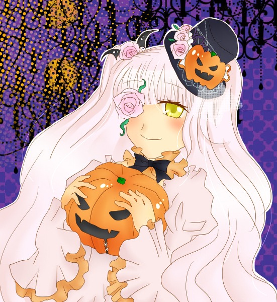 1girl candy eyepatch flower food halloween happy_halloween image jack-o'-lantern kirakishou lollipop long_hair pink_rose pumpkin pumpkin_hair_ornament purple_rose rose smile solo swirl_lollipop thorns yellow_eyes yellow_rose