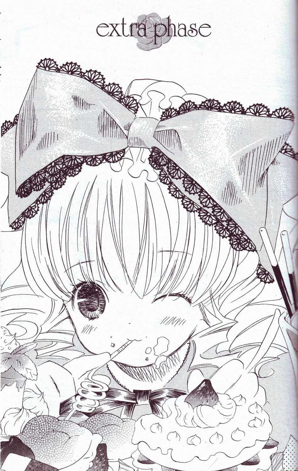 1girl blush bow cake eating food food_on_face fork fruit greyscale hinaichigo image monochrome one_eye_closed solo strawberry traditional_media