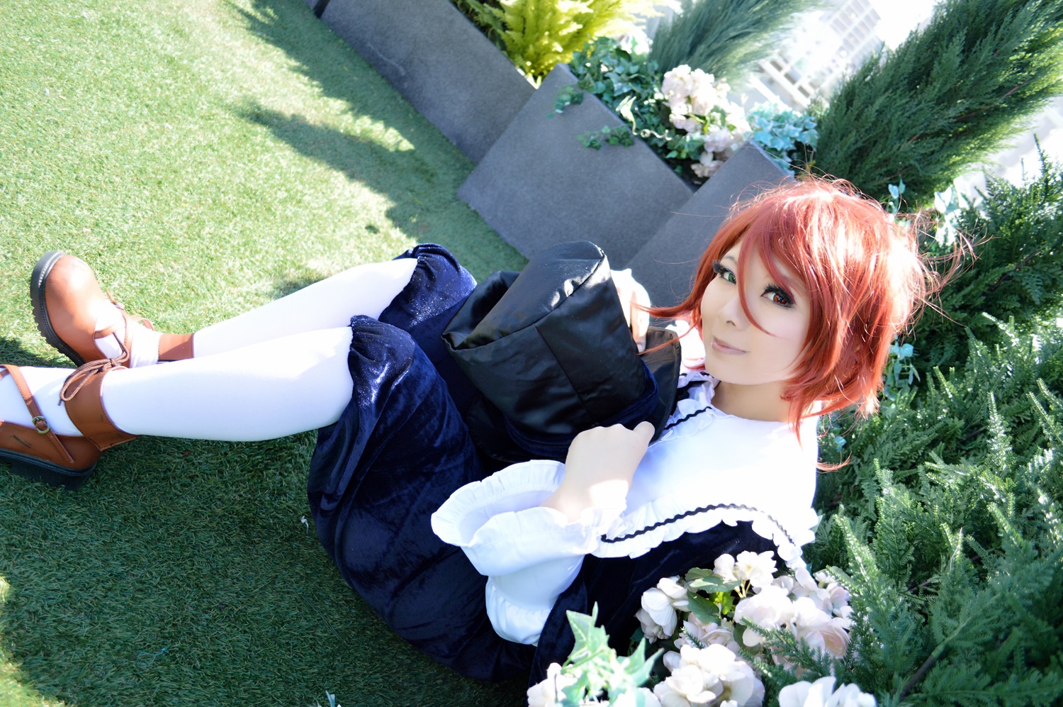 1girl brown_footwear dappled_sunlight day long_sleeves outdoors plant shade shoes short_hair sitting smile solo souseiseki sunlight tree white_legwear