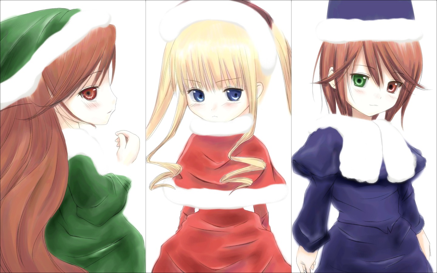 3girls blonde_hair blue_eyes brown_hair dress green_eyes hat heterochromia image long_hair long_sleeves looking_at_viewer looking_back multiple multiple_girls red_dress red_eyes shinku simple_background souseiseki suiseiseki tagme