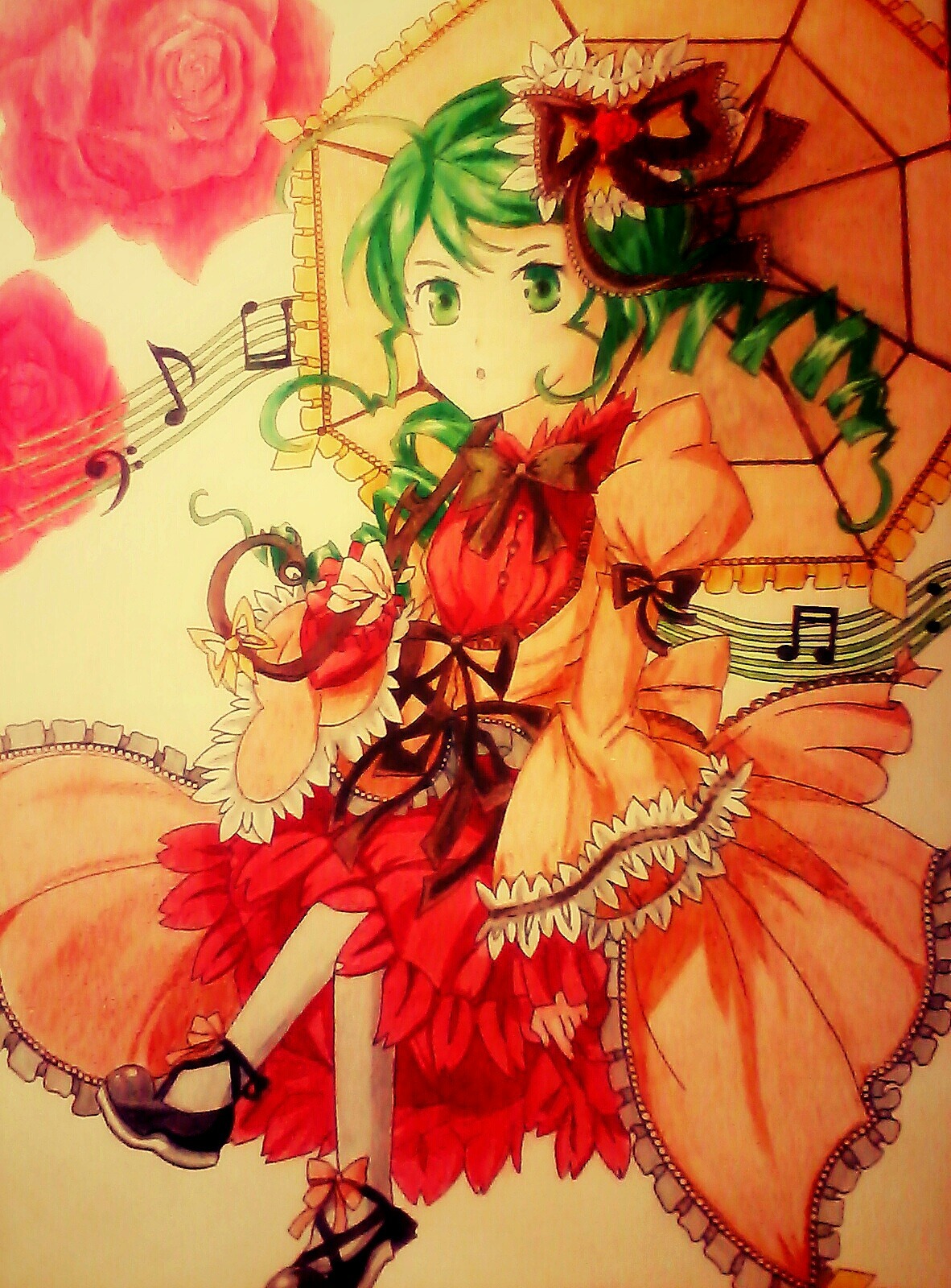 1girl bow dress flower frills green_eyes green_hair hair_flower hair_ornament hair_ribbon image kanaria musical_note red_flower red_rose rose solo traditional_media