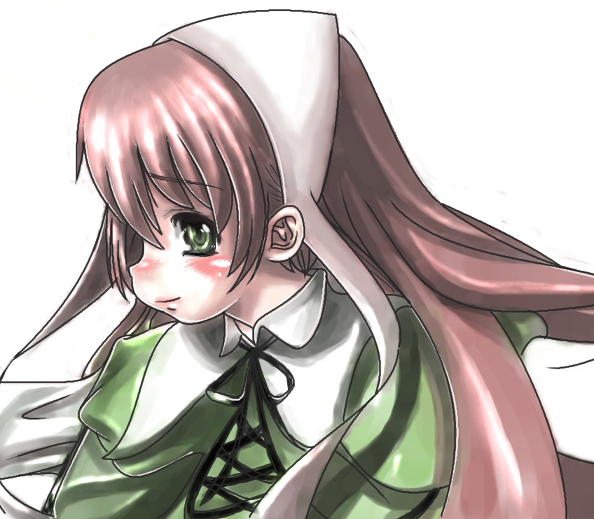 1girl bangs blush brown_hair dress green_dress green_eyes hat head_scarf image long_hair long_sleeves ribbon simple_background solo suiseiseki upper_body white_background