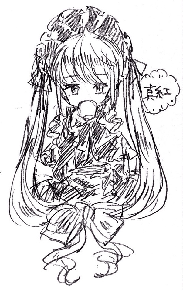 1girl greyscale image long_hair monochrome shinku sketch solo twintails upper_body