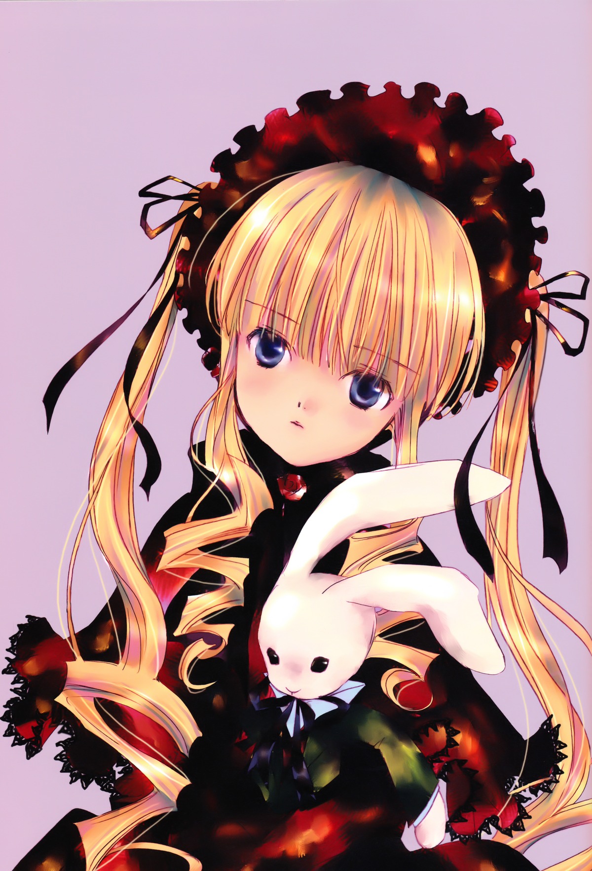 1girl blonde_hair blue_eyes bonnet dress drill_hair image lolita_fashion long_hair looking_at_viewer red_dress ribbon shinku solo twintails