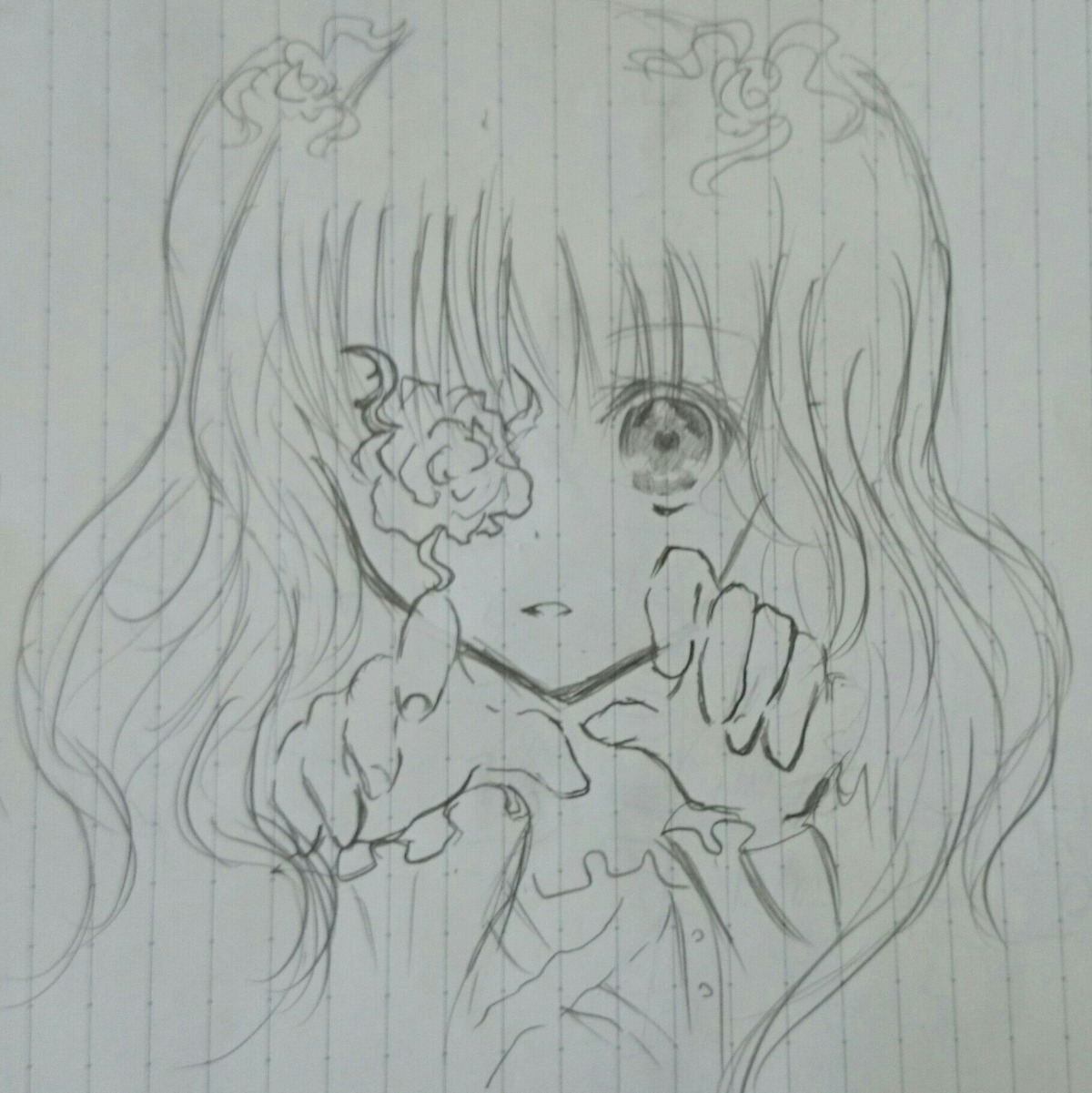 1girl bangs flower image kirakishou long_hair long_sleeves looking_at_viewer monochrome rose solo tears traditional_media