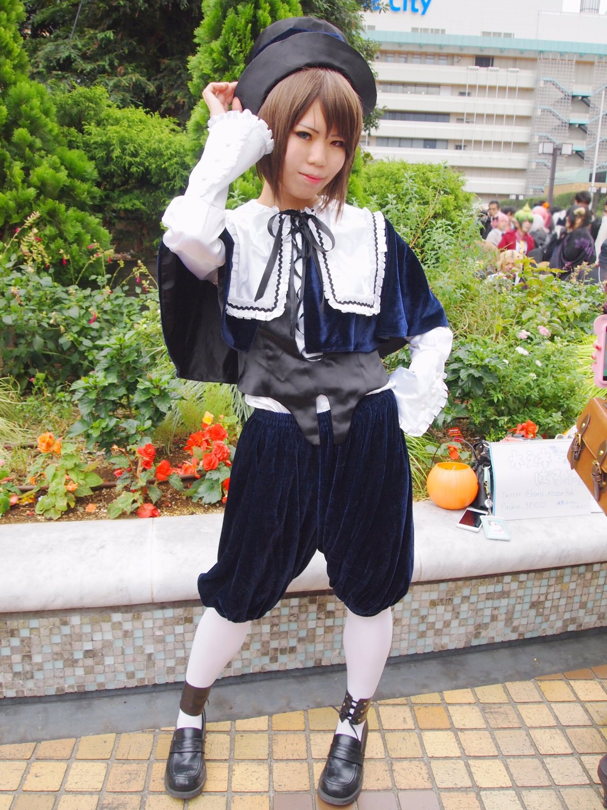 brown_hair flower hat lips outdoors pavement ribbon shoes socks solo souseiseki standing tree white_legwear