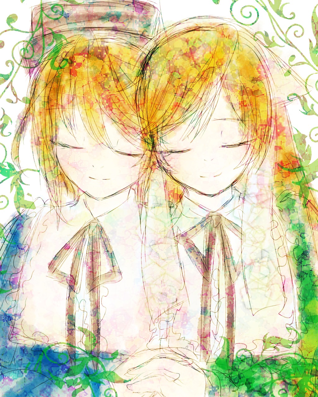 1boy blonde_hair brother_and_sister brown_hair closed_eyes holding_hands image maribel_hearn necktie pair short_hair siblings sisters smile souseiseki suiseiseki twins