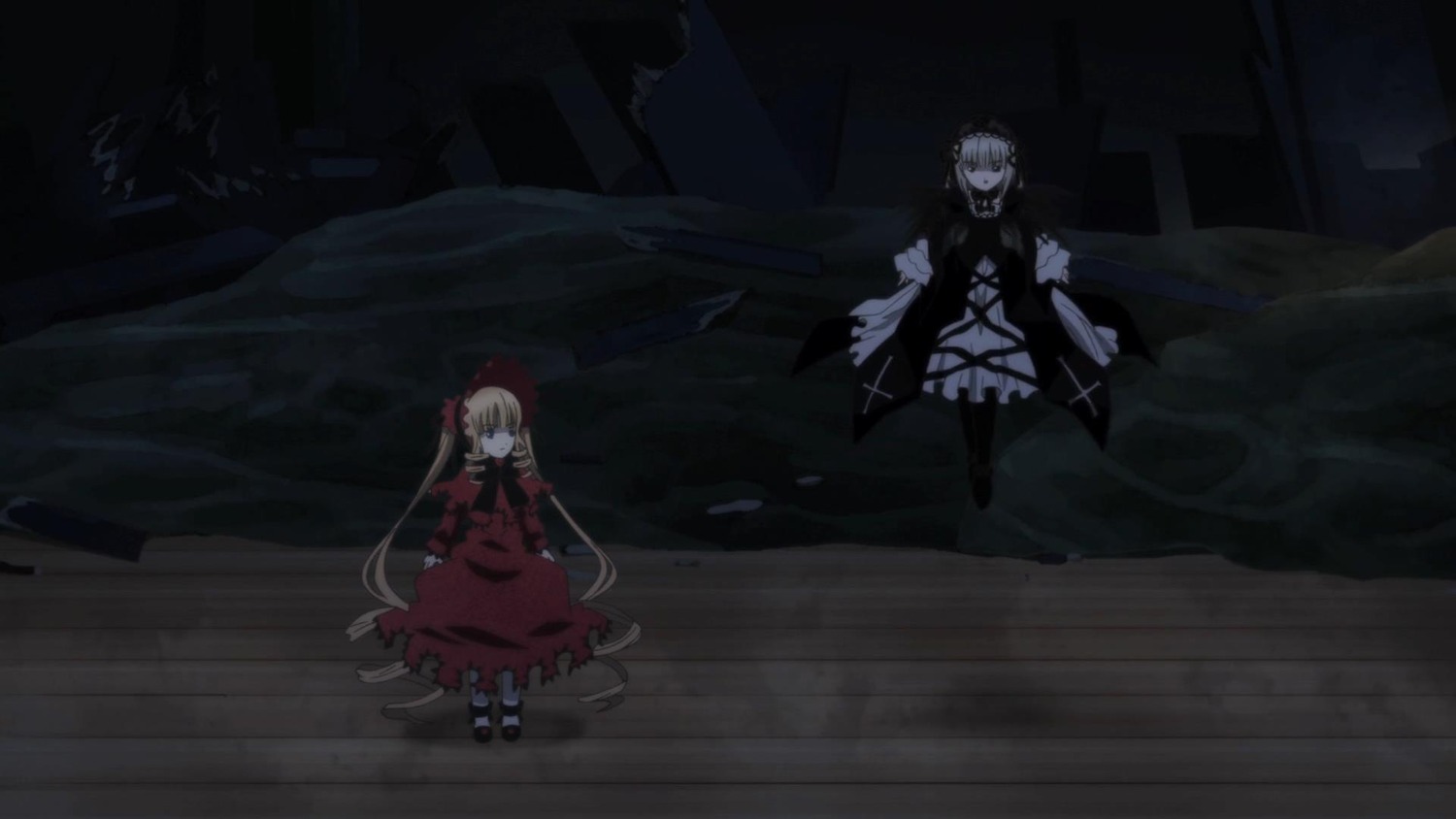 2girls blonde_hair bow dress image long_hair multiple_girls pair red_dress shinku standing suigintou