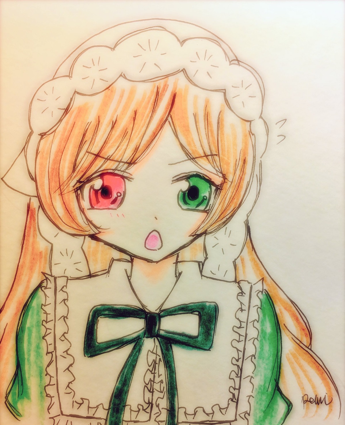 1girl :o flying_sweatdrops frills green_eyes hat image long_hair looking_at_viewer open_mouth red_eyes simple_background solo suiseiseki traditional_media upper_body