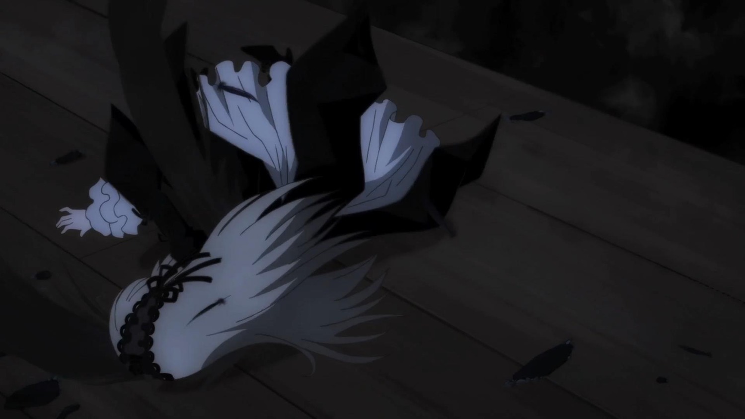 1girl apron black_dress dress feathers frills hairband image long_hair long_sleeves ribbon silver_hair solo suigintou very_long_hair white_apron wide_sleeves