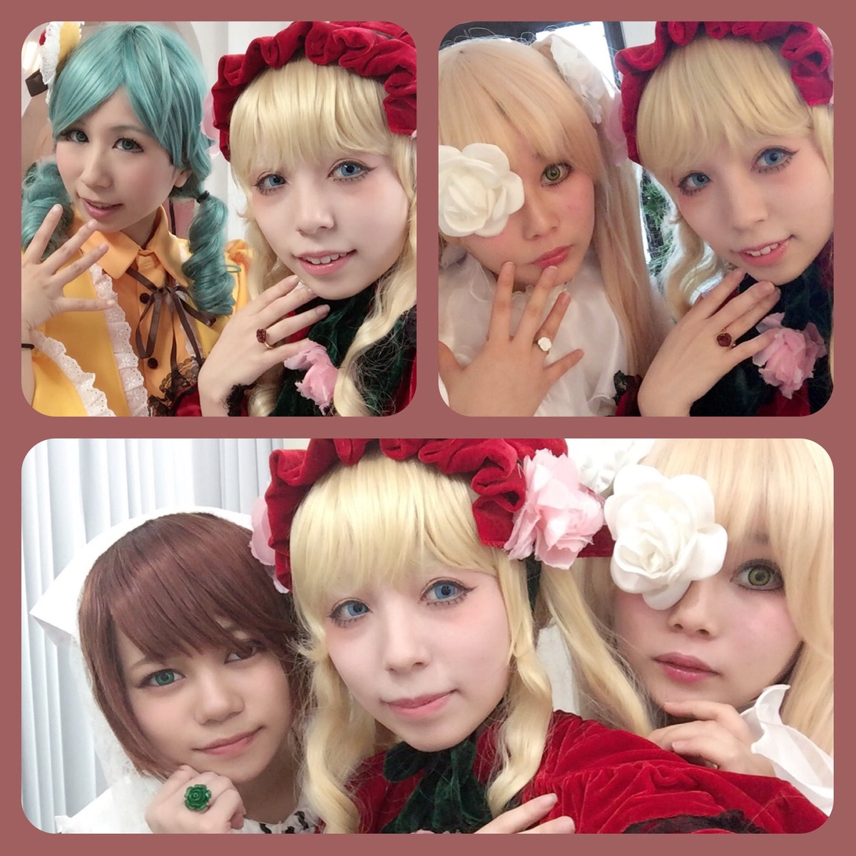 3d 6+girls blonde_hair blue_eyes column_lineup eyelashes flower green_eyes hair_ornament hat lace lips long_hair multiple_cosplay multiple_girls realistic rose short_hair tagme