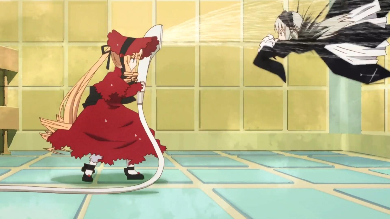 1girl auto_tagged blonde_hair bow dress hat image indoors long_hair long_sleeves pair shinku standing suigintou twintails very_long_hair