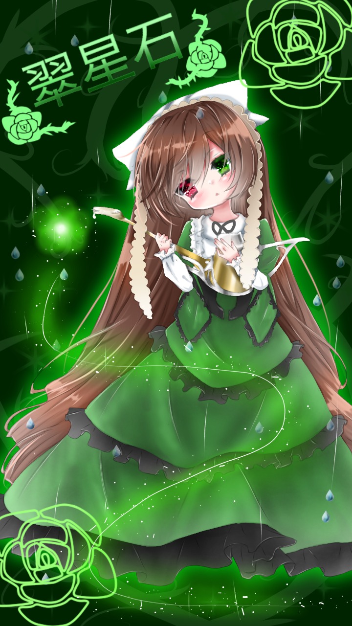 1girl brown_hair dress flower frills green_dress green_eyes heterochromia image long_hair long_sleeves red_eyes rose solo suiseiseki very_long_hair vines white_flower white_rose yellow_rose