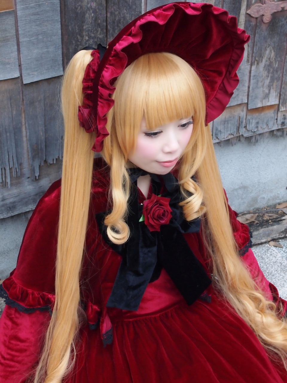 1girl bangs blonde_hair closed_eyes dress flower lips long_hair red_dress red_flower red_rose rose shinku smile solo twintails