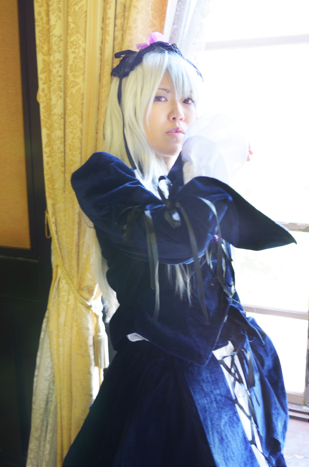 1girl belarus_(hetalia) blonde_hair curtains dress indoors lips long_sleeves looking_at_viewer realistic short_hair solo standing suigintou