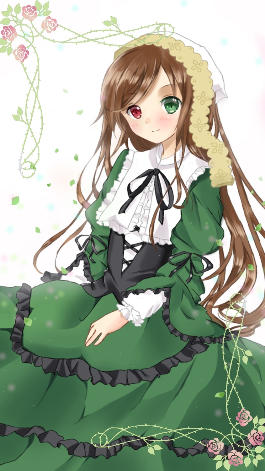 1girl black_ribbon blush brown_hair corset dress flower frills green_dress green_eyes heterochromia image long_hair long_sleeves looking_at_viewer red_eyes rose smile solo suiseiseki very_long_hair vines watering_can