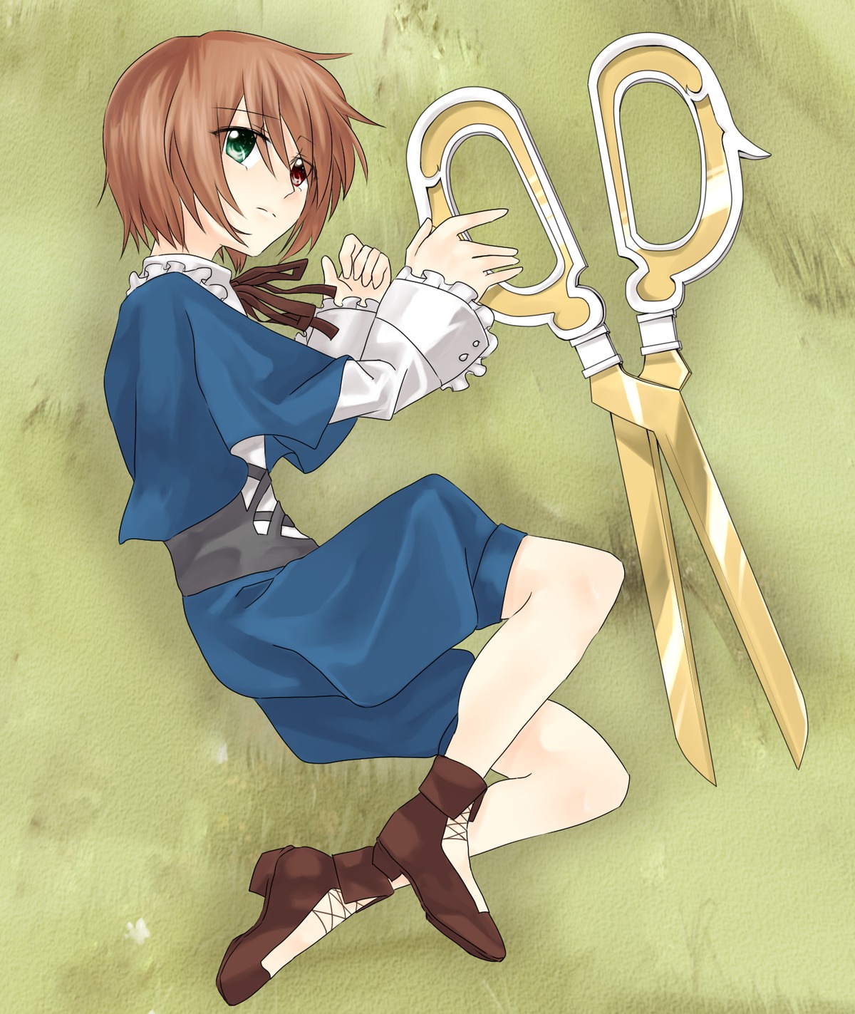 1boy boots brown_footwear brown_hair full_body green_eyes heterochromia image long_sleeves lying on_side red_eyes ribbon short_hair solo souseiseki weapon