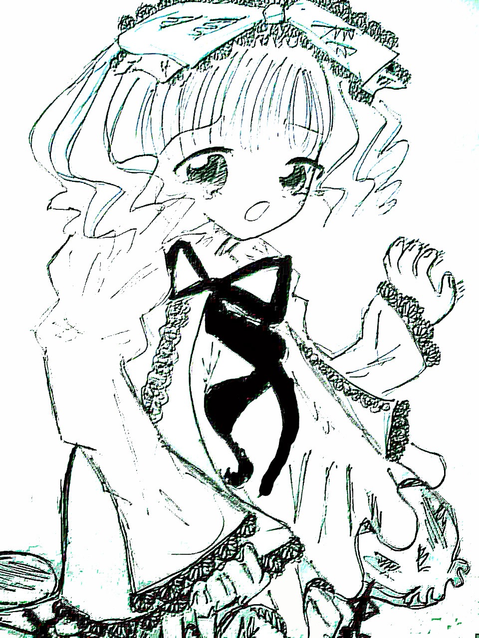 1girl bangs blush dress hinaichigo image long_hair long_sleeves monochrome oekaki open_mouth solo wide_sleeves