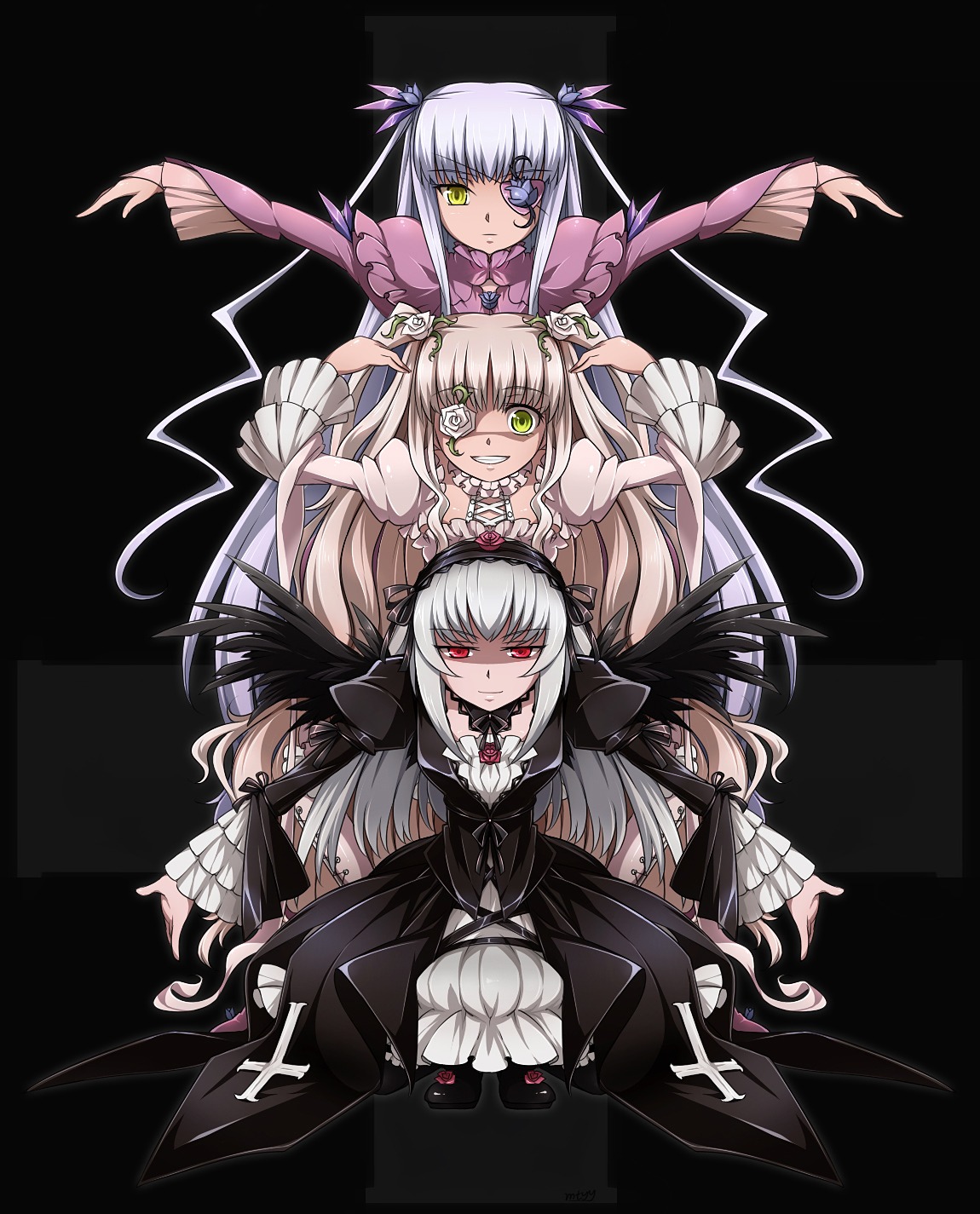 3girls barasuishou black_dress commentary_request dress eyepatch flower flower_eyepatch frills full_body gothic_lolita hair_flower hair_ornament hairband highres image kirakishou lolita_fashion long_hair long_sleeves mtyy multiple multiple_girls open_mouth photoshop_(medium) red_eyes rozen_maiden silver_hair smile suigintou tagme transparent_background wings yellow_eyes
