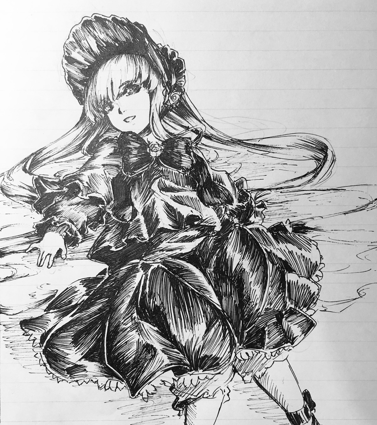 1girl bangs bonnet capelet dress frills greyscale hat image long_hair long_sleeves looking_at_viewer monochrome shinku solo traditional_media