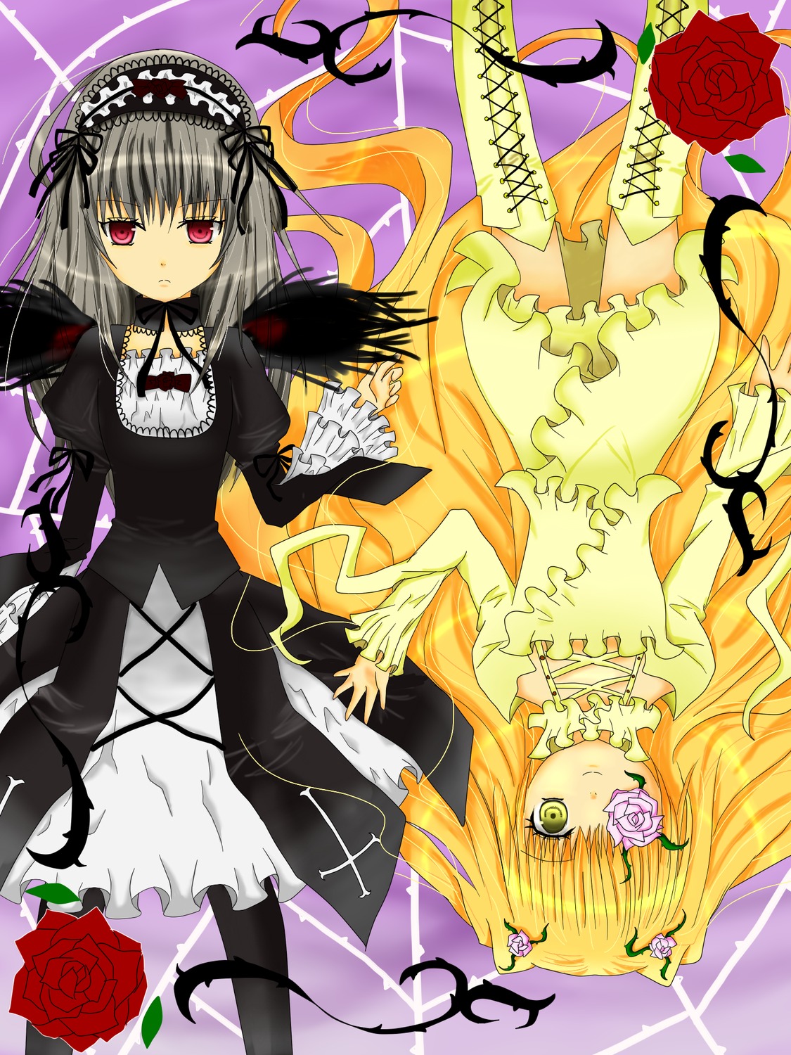 2girls black_dress blonde_hair boots dress flower frills hairband image kirakishou long_hair long_sleeves multiple_girls pair pink_rose purple_flower purple_rose red_flower red_rose rose rose_petals silver_hair smile suigintou thorns twintails vines wings
