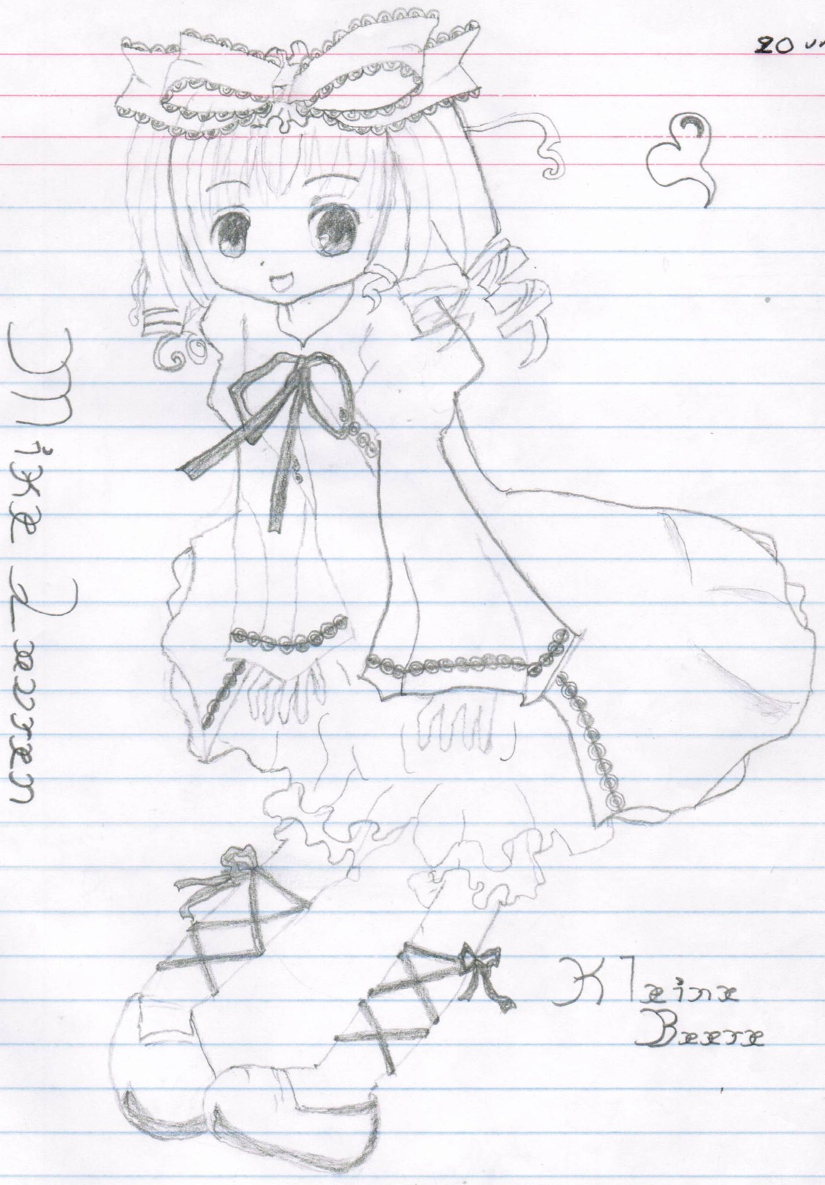1girl dress drill_hair frills full_body hat hinaichigo image long_sleeves looking_at_viewer monochrome simple_background smile solo standing twin_drills white_background