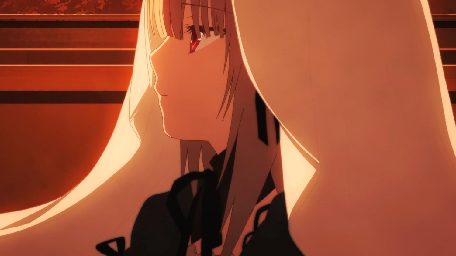1girl bangs black_dress closed_mouth dress eyebrows_visible_through_hair grey_hair hair_ribbon image light_smile long_hair profile red_eyes ribbon smile solo suigintou white_hair