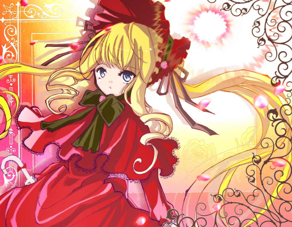 1girl blonde_hair blue_eyes bonnet bow bowtie capelet dress flower green_bow image long_hair long_sleeves looking_at_viewer red_capelet red_dress rose shinku solo twintails very_long_hair