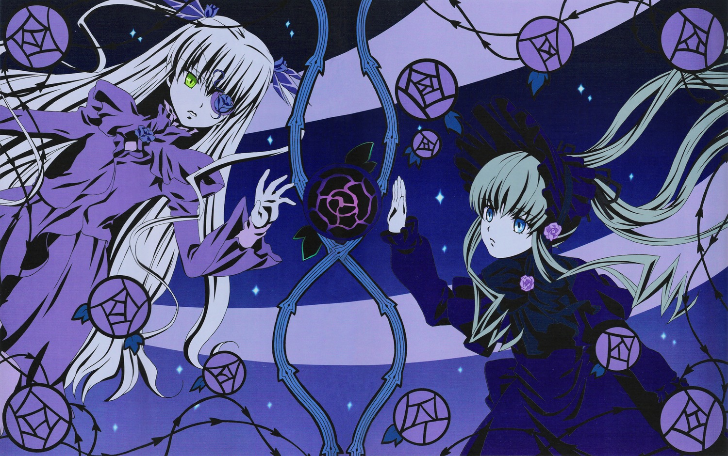 2girls barasuishou blue_eyes dress eyepatch flower image long_hair long_sleeves multiple_girls pair rose shinku standing suigintou twintails very_long_hair vines wings