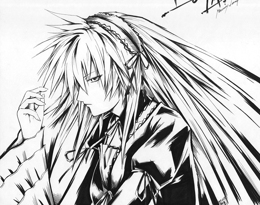 1girl dress frills greyscale hairband image long_hair long_sleeves monochrome ribbon signature solo suigintou upper_body