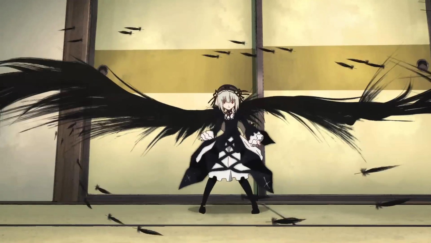 1girl bangs bird black_footwear black_legwear black_wings boots closed_mouth dress feathers hair_between_eyes holding image long_hair long_sleeves looking_at_viewer outdoors sky smile solo standing suigintou very_long_hair weapon wide_sleeves wings