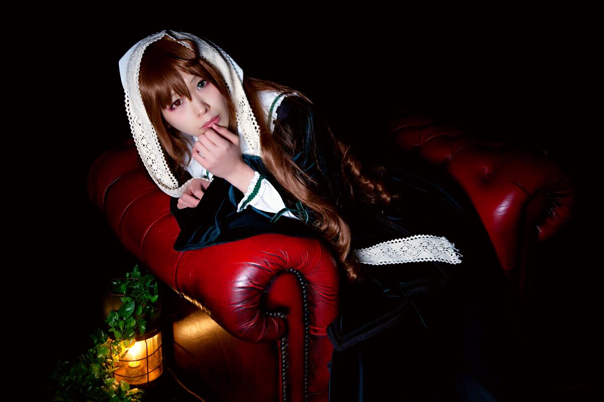 1girl blue_eyes boots brown_hair chair crossed_legs lips long_hair nun red_eyes sitting solo suiseiseki