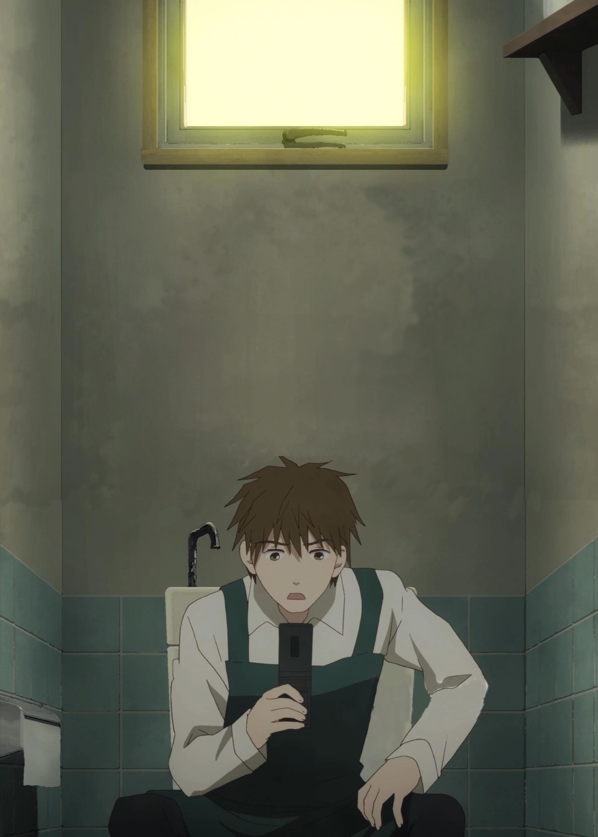 1boy brown_hair human indoors long_sleeves necktie pants sakurada_jun screenshot shirt sitting solo tile_floor tiles white_shirt