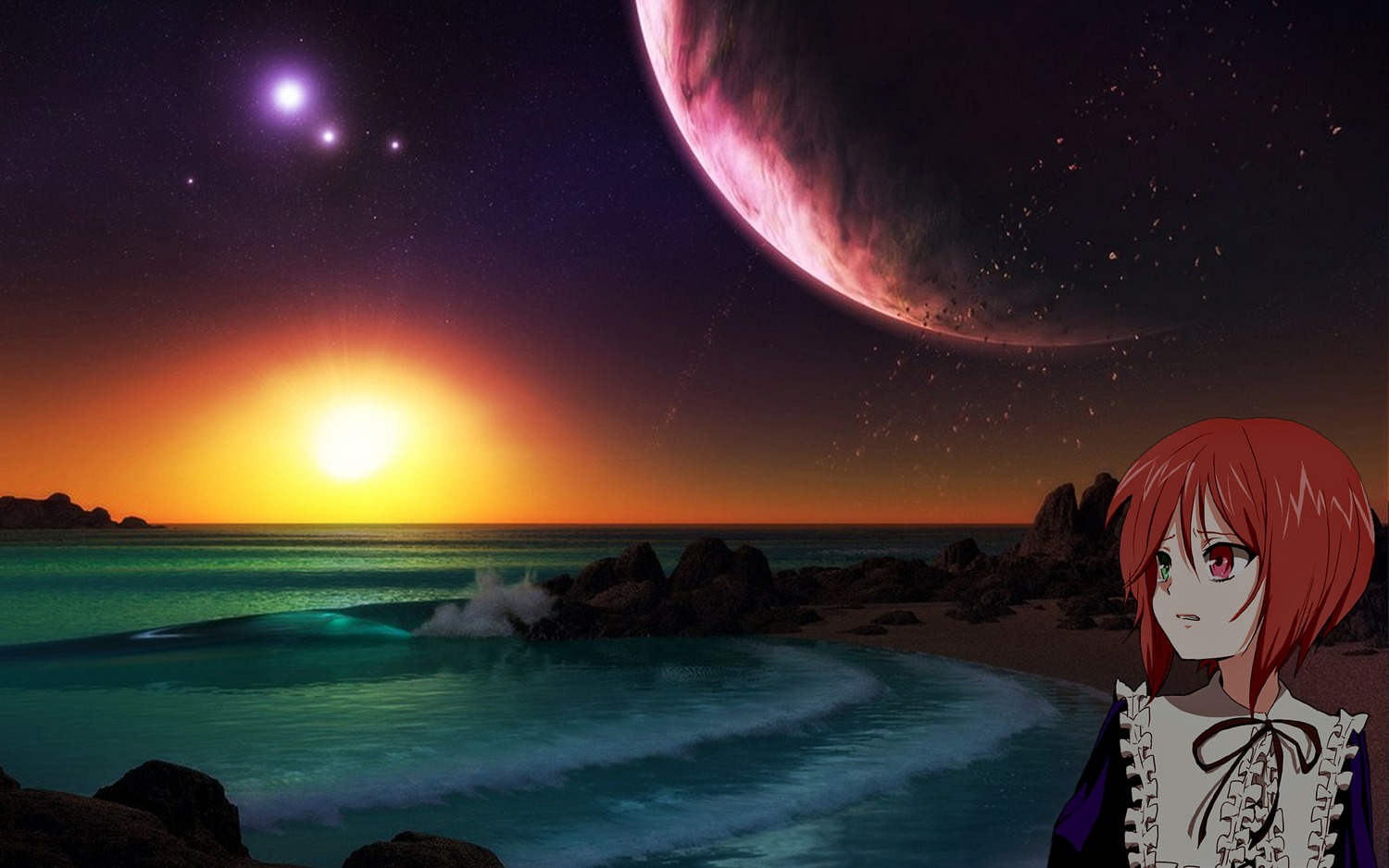 1girl earth full_moon heterochromia image lake moon night night_sky red_eyes red_hair ribbon short_hair sky solo souseiseki star_(sky) starry_sky water